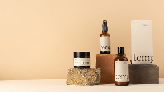 Temple Skincare products for men consisting of a cleaner, toner and moisturiser and wellness supplements for men